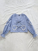 Ladies Casual Striped Shirt For Vacation, Front Bow Tie Collar, Heart Shape Lace Patchwork Pocket, Suitable For Autumn